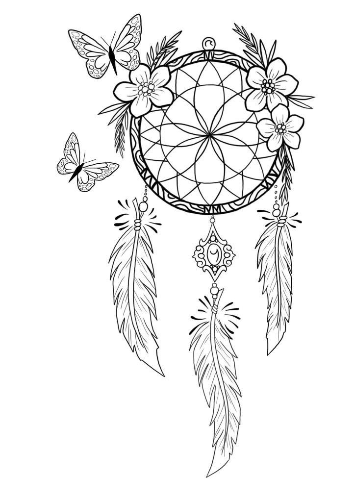 a black and white drawing of a dream catcher with butterflies flying around it on a white background