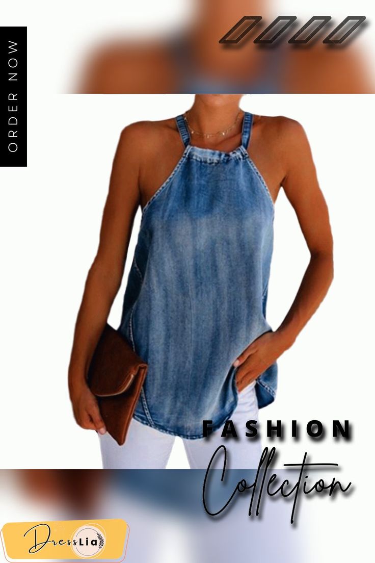 Fashion Trend Women Ladies Sexy Halter Denim Imitation Jean Vest Solid Color Lace Up Sleeveless Casual Top Tanks Camisole Blue Stretch Denim Tank Top, Trendy Stretch Sleeveless Denim Top, Trendy Sleeveless Stretch Denim Top, Stretch Denim Sleeveless Tank Top, Trendy Sleeveless Denim Blue Vest, Summer Stretch Denim Blue Vest, Summer Stretch Denim Blue Denim Vest, Blue Denim Vest Top For Summer, Summer Dark Wash Denim Vest For Day Out