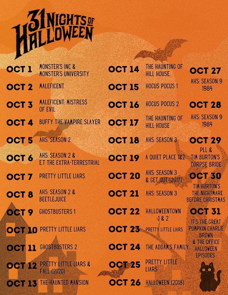 an orange and black poster with the dates for halloween