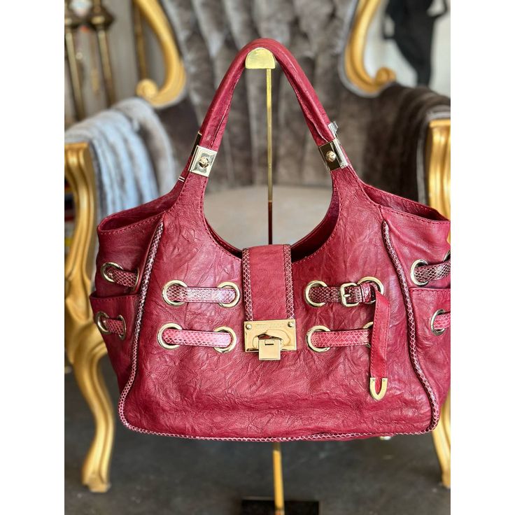 Jimmy Choo Red Leather Ramona Handbag. Gold Tone Hardware With Python Trim. Excellent Condition! Luxury Burgundy Shoulder Bag With Gold-tone Hardware, Designer Burgundy Shoulder Bag With Double Handle, Red Luxury Satchel With Leather Handles, Luxury Red Satchel With Leather Handles, Designer Burgundy Shoulder Bag For Shopping, Designer Burgundy Bag With Detachable Strap, Designer Burgundy Shopping Bag, Designer Burgundy Bag For Shopping, Red Luxury Bags With Leather Handles