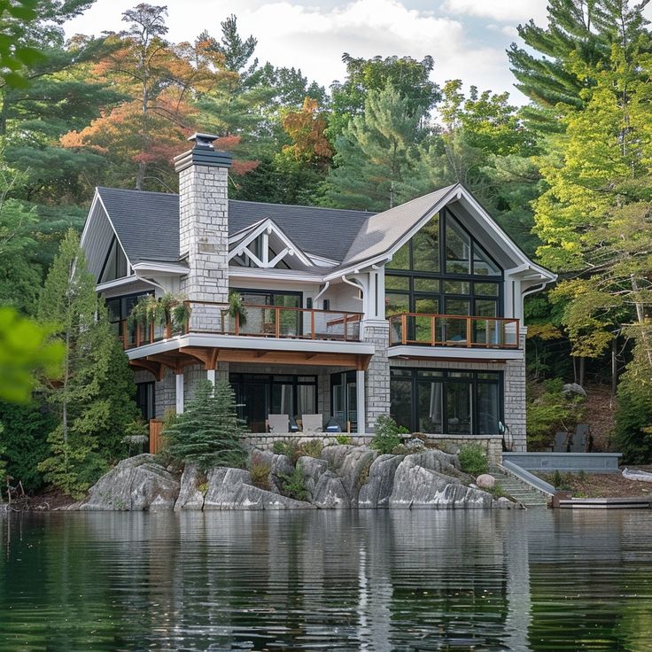 a large house sitting on top of a lake next to a lush green forest covered hillside