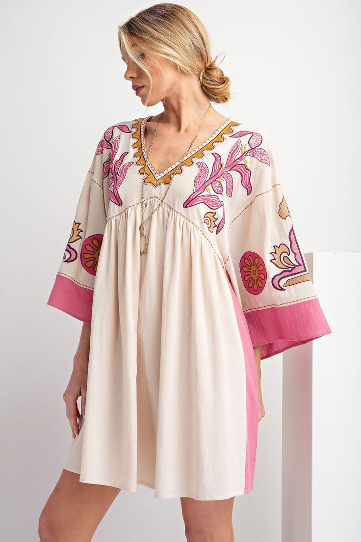 Easel Embroidered Poly Linen Woven Dress Flowy V-neck Embroidered Dress, Embroidered V-neck Vacation Dress, Floral Print Tunic Embroidered Dress, Embroidered Floral Tunic Dress, Spring V-neck Dress With Multicolor Embroidery, Spring V-neck Embroidered Dress With Geometric Design, Spring V-neck Dress With Geometric Embroidery, V-neck Embroidered Dress With Geometric Patterns For Spring, Spring V-neck Embroidered Dress With Geometric Embroidery