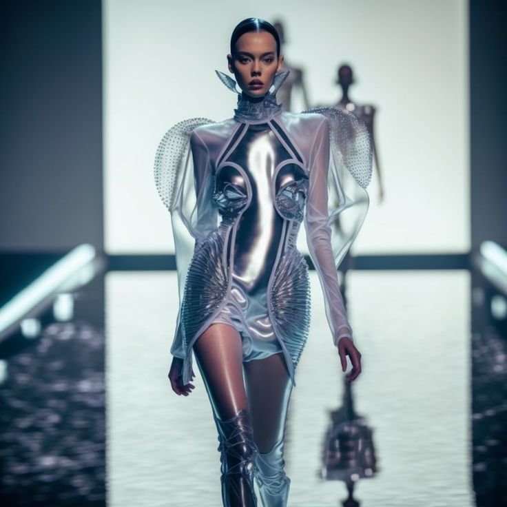 Technology Inspired Fashion, Futuristic Runway Fashion, Futuristic Ballerina, Futurism Outfit, Technology Outfit, Futuristic Aesthetic Future Fashion, Space Fashion Futuristic, Alien Wedding, Futuristic Fashion Women