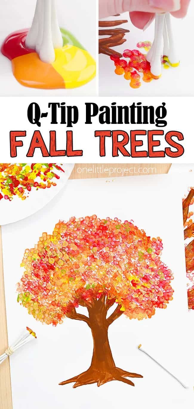 Q-Tip Fall Tree Painting | Easy Tree Painting with Cotton Swabs Q Tip Fall Tree Painting, Fall Crafts For Seniors Easy, November Crafts For Adults Easy Diy, Fall Qtip Painting, Fall Tree Painting For Kids, Q Tip Art For Kids, Qtip Crafts For Kids, Fall Art For Kids Elementary, Fall Painting Ideas For Kids