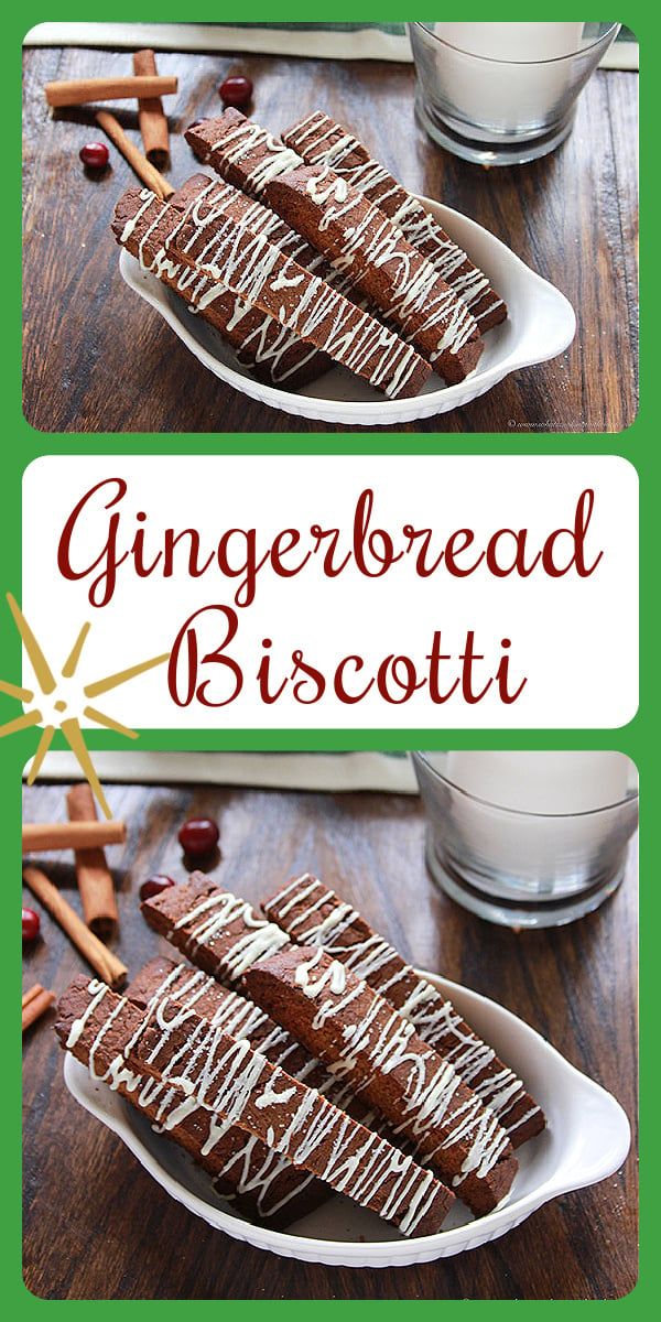 gingerbread biscotti with white chocolate drizzled on top