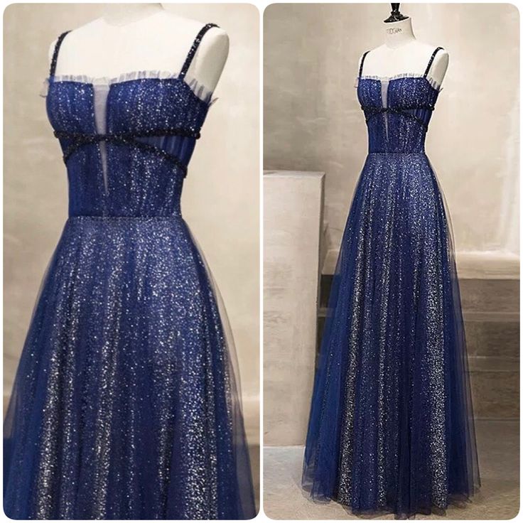 Starry Night Dance Theme Dress, Long Navy Blue Dress Formal Sparkle, Navy Blue Celestial Dress, Navy Blue Beaded Dress, Navy Star Dress, Prom Dresses Starry Night Theme, Dark Blue And Silver Dress, Galaxy Bridesmaid Dress, Midnight Blue Prom Dress Corset