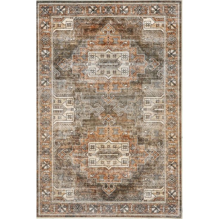 an area rug with brown, beige and tan colors on the bottom half of it