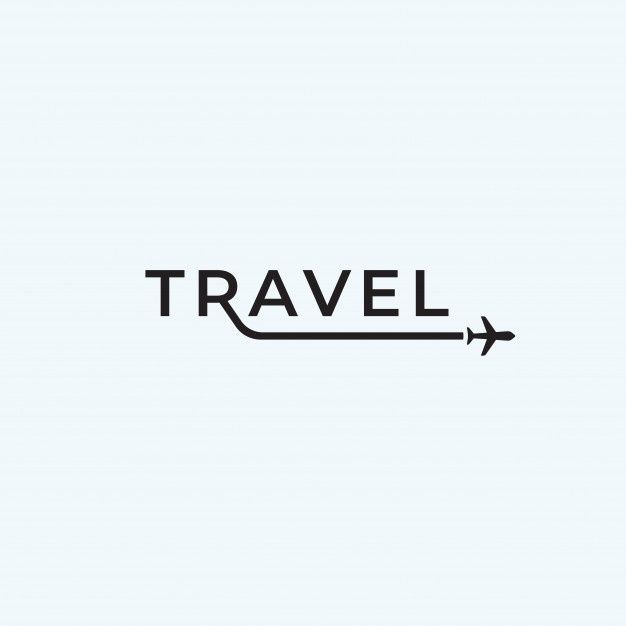 the word travel written in black on a white background with an airplane flying above it