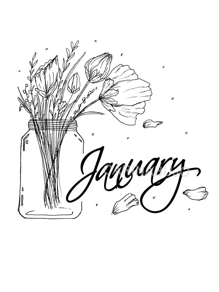 the word january written in black ink next to a jar filled with flowers and leaves