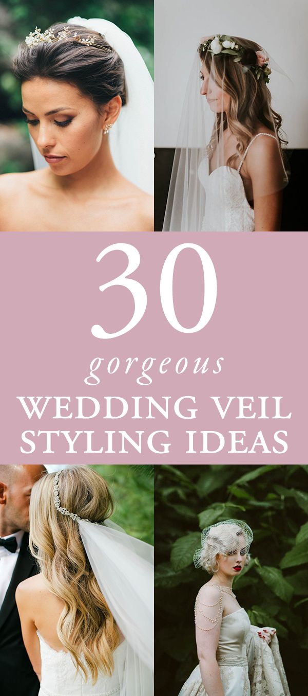 the words 30 gorgeous wedding veil styling ideas are in white and pink with pictures of brides