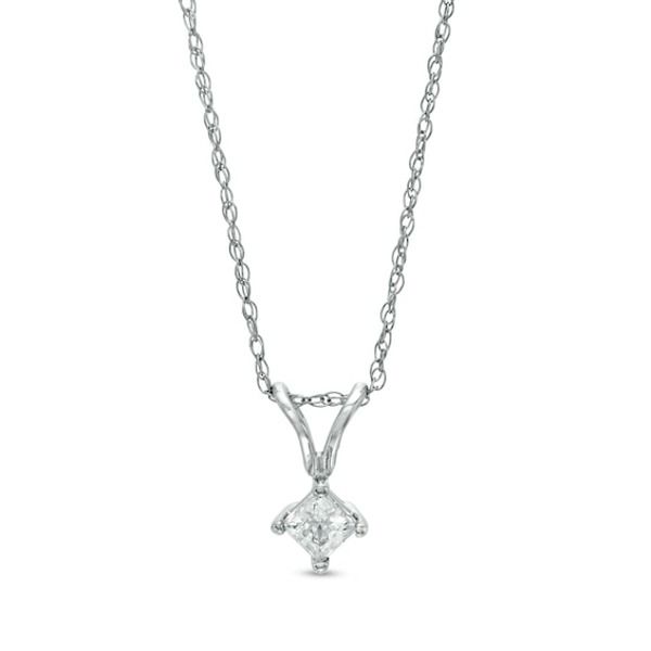 Ready for any occasion, this outstanding diamond pendant is a jewelry box must-have. Fashioned in 14K white gold, this breathtaking choice showcases a dazzling 1/6 ct. princess-cut diamond solitaire. Polished to a bright shine, this pendant suspends along an 18.0-inch rope chain that secures with a spring-ring clasp. Formal Solitaire Diamond Pendant Necklace, Anniversary Solitaire Diamond Necklace In Platinum, Princess Cut Diamond Necklace In Fine Jewelry Style, Brilliant Cut Princess Diamond Necklace, Classic Formal Diamond-shaped Diamond Necklace, White Gold Solitaire Diamond Necklace For Wedding, Elegant Diamond-shaped Necklace With Single Diamond, Princess Cut Diamond Necklace In White Gold, Anniversary Princess Cut Diamond Necklace In Fine Jewelry Style