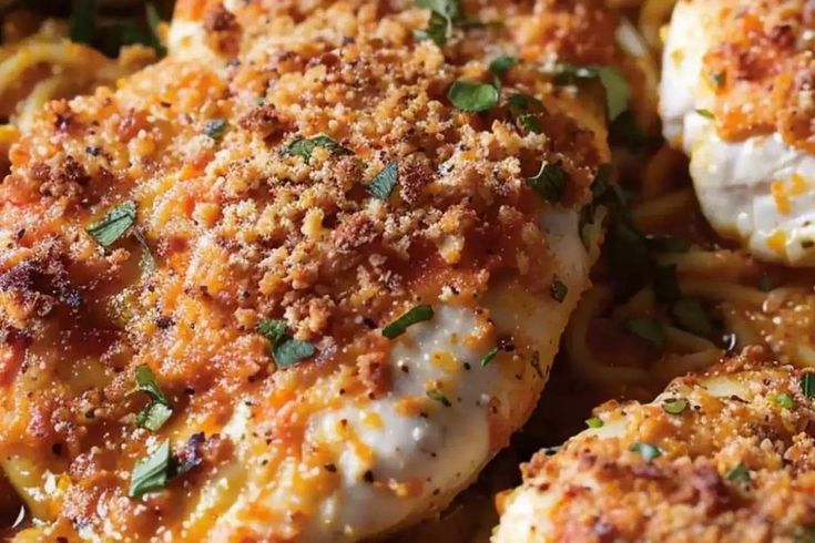 closeup of chicken parmesan with pasta and cheese