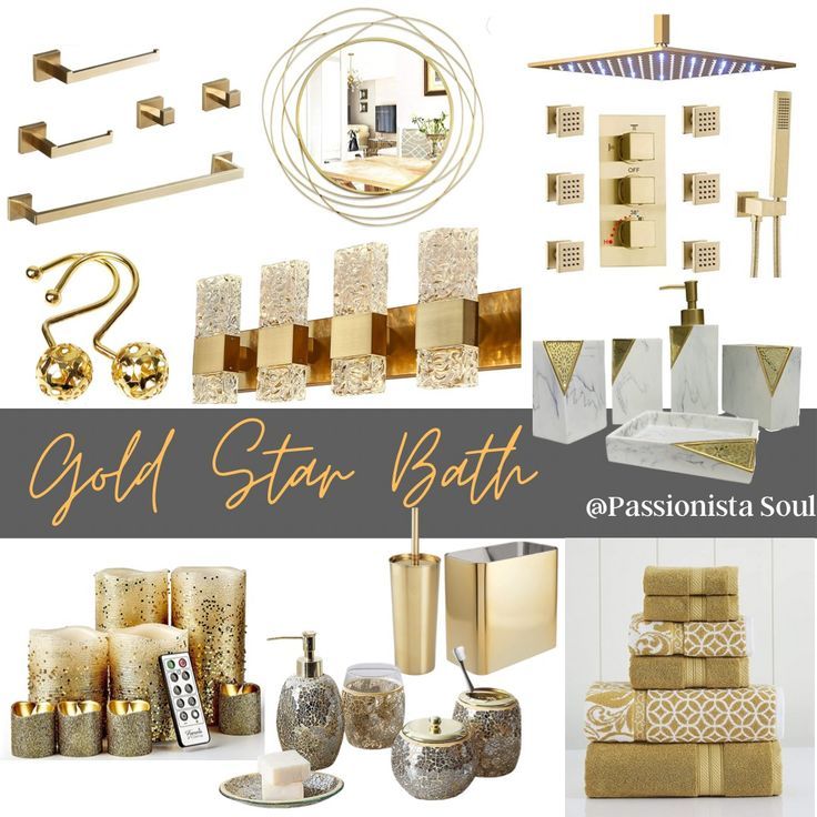 gold and silver bathroom accessories are shown in this collage