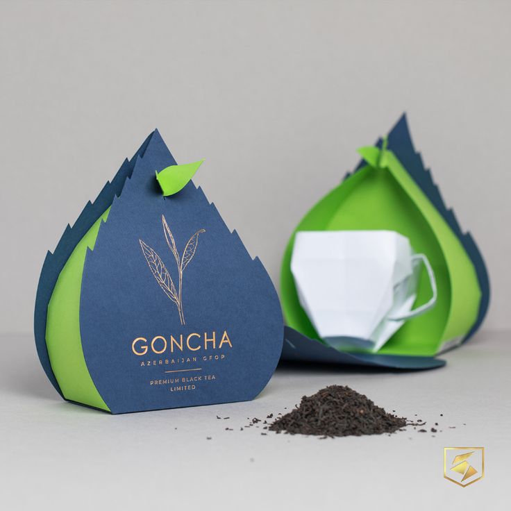 the packaging is designed to look like tear shaped tea bags with green leaves on them