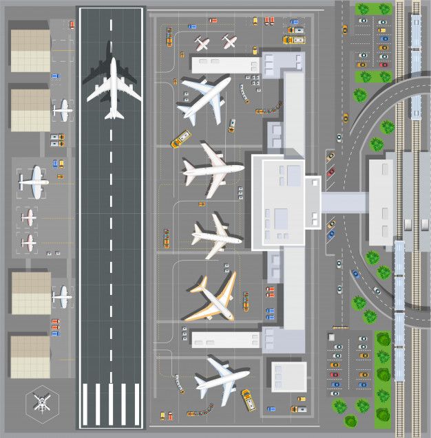 an aerial view of the airport with airplanes