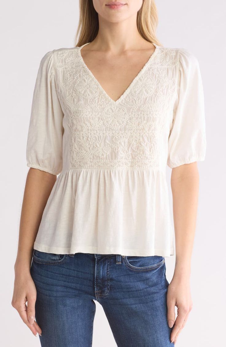 Lucky Brand Embroidered Peplum Top | Nordstromrack Cotton Relaxed Fit V-neck Top For Loungewear, Relaxed Fit Cotton V-neck Top For Loungewear, Cotton V-neck Blouse For Loungewear, Casual Cotton V-neck Top For Summer, Casual V-neck Top With Relaxed Fit, Relaxed Fit Cotton V-neck Top With Short Sleeves, Feminine Short Sleeve Tops For Fall, Casual V-neck Blouse For Gatherings, Casual V-neck Blouse