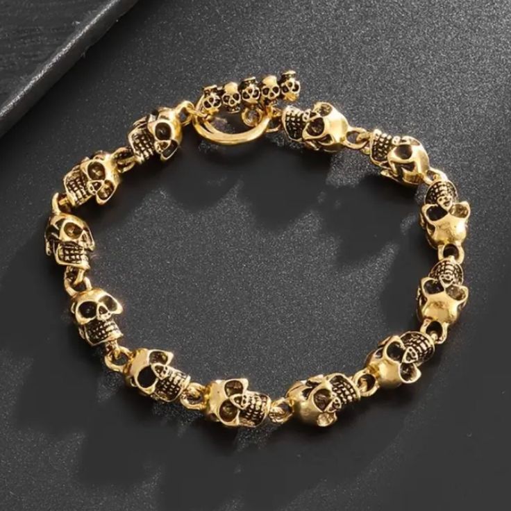 Brand New Men's Gold Skull Bracelet Genuine 14k Gold Plated Sterling Silver Length - 8" (Most Common Men's Size) Retail Price $350 Buy With Confidence From A Trusted Seller With A 99%+ Feedback Rating! A0263 (Id-1138-) Gold Skull-shaped Engraved Jewelry, Gold Adjustable Skull Bracelets, Adjustable Gold Skull Bracelets, Gold Jewelry For Men, Random Wishlist, Skull Rings, Mens Gold Jewelry, Gold Skull, Prom Ideas