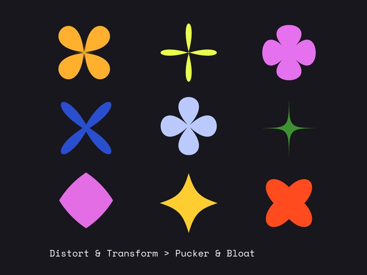 six different colored flower shapes on a black background with the words district's transform sticker & blott