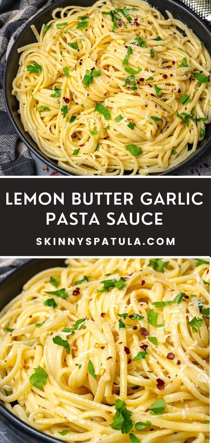 lemon butter garlic pasta in a skillet with parsley on top and another side