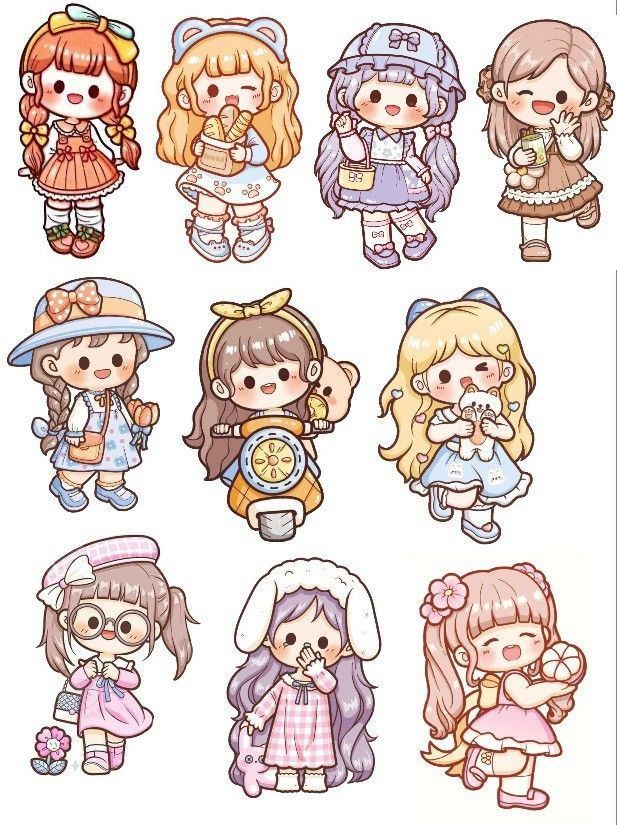 Kawaii Drawings Stickers, Cute Stickers Aesthetic Kawaii, Kawaii Cute Girls Sticker, Cute Kawaii Printable Stickers, Kawaii Style Drawing, Kawaii Sticker Ideas, Cute Stickers Ideas Kawaii, Cute Chibi Art Kawaii, Cute Cartoon Drawings Kawaii