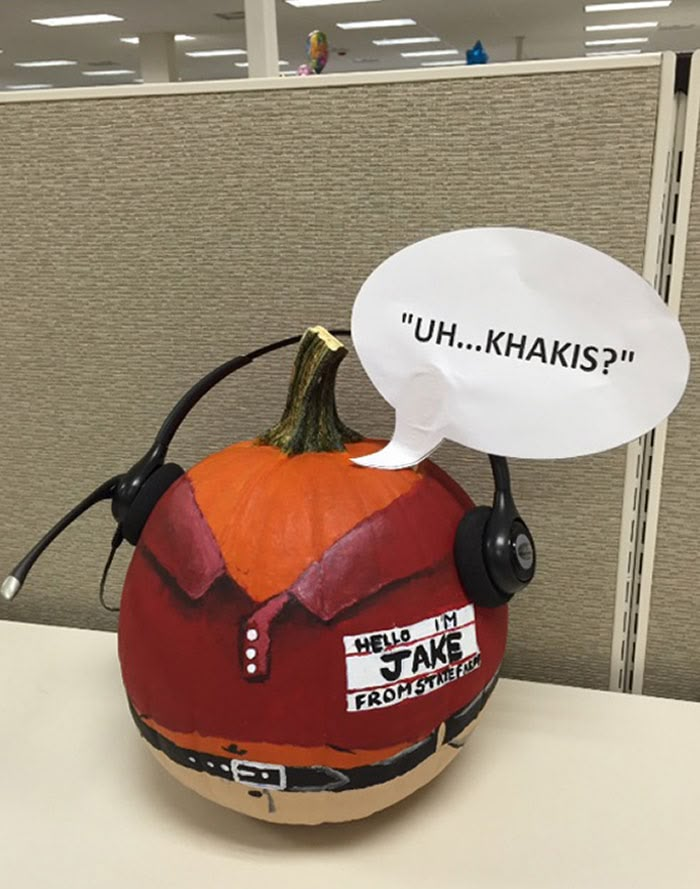 an orange and red pumpkin with a speech bubble attached to it's headphones