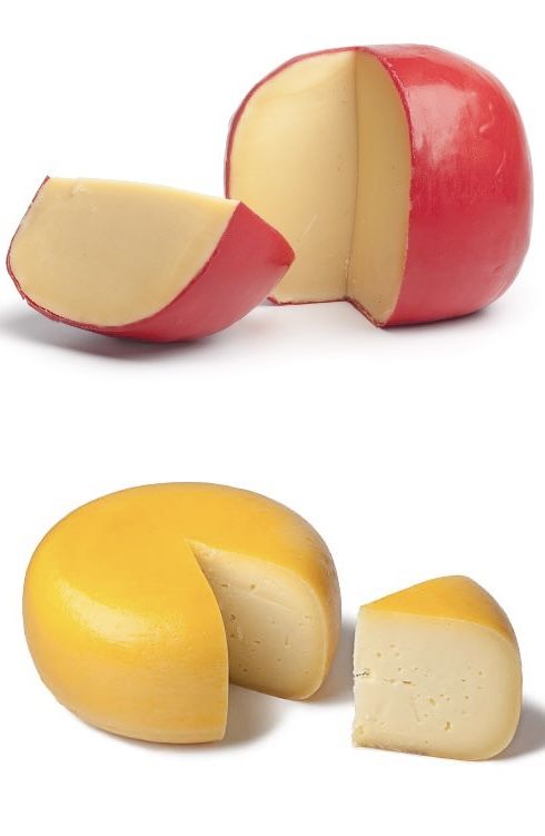 two pieces of cheese and an apple on a white background