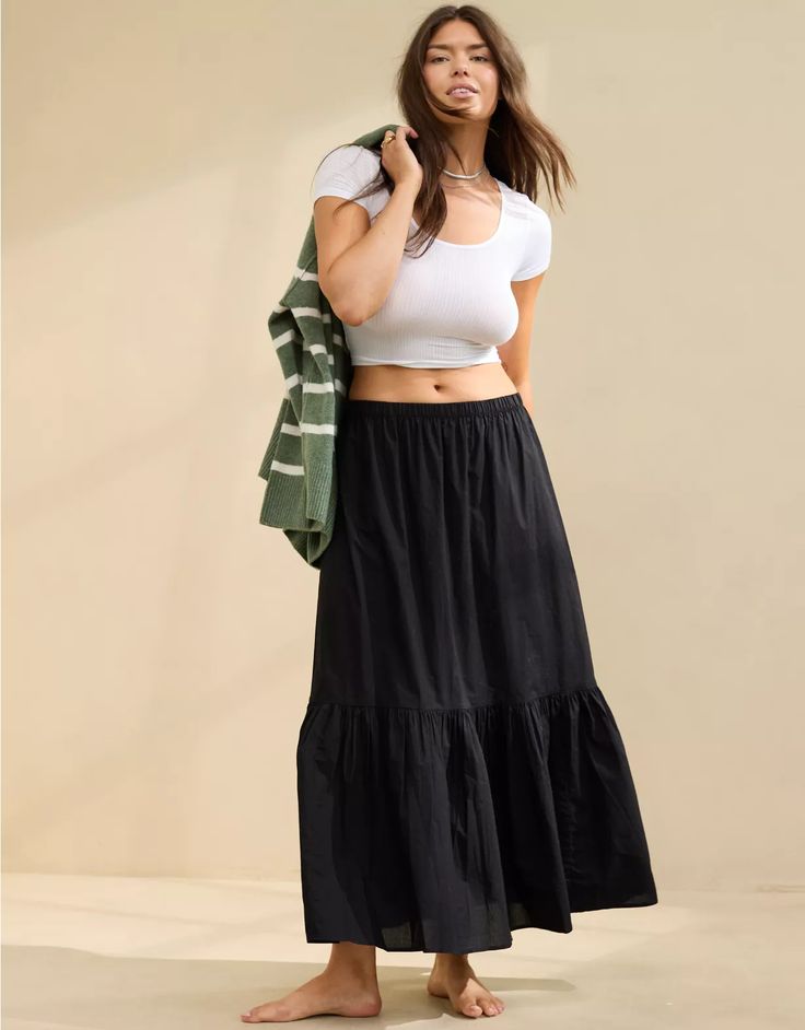 Aerie Poplin Tiered Maxi Skirt Casual Flowy Maxi Skirt With Gathered Waist, Casual Flowy Maxi Skirt With Banded Waist, Casual Maxi Skirt With Banded Waist, Casual Full Maxi Skirt For Daywear, Casual Daywear Maxi Skirt With Gathered Waist, Casual Maxi Skirt With Gathered Waist For Daywear, Casual Voluminous Maxi Skirt For Day Out, Casual Tiered Skirt Bottoms With Gathered Waist, Casual Tiered Skirt With Gathered Waist