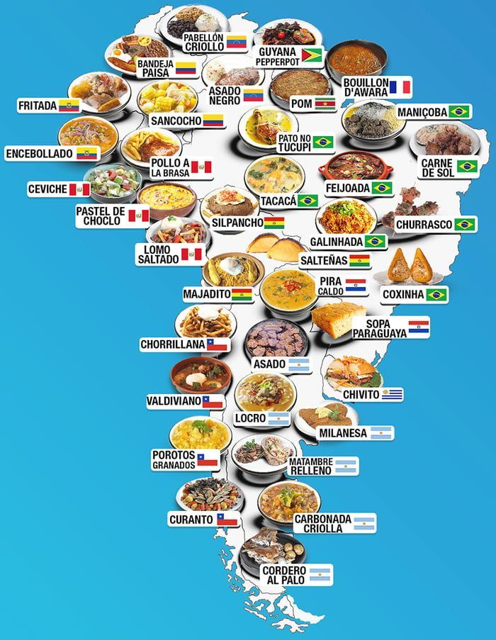 a map with all the different foods in each country and their names on one side