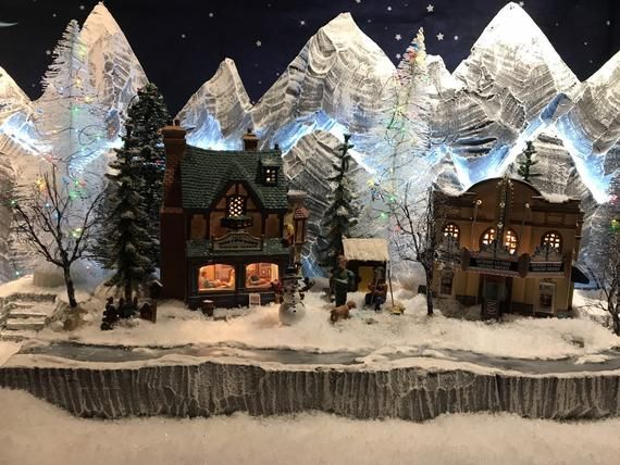 Holiday Small Stream Display Holiday Village Display, Diy Christmas Village Displays, Halloween Village Display, Organization Office, Miniature Village, Christmas Tree Village, Christmas Houses, Frozen Ice, Mountain Background