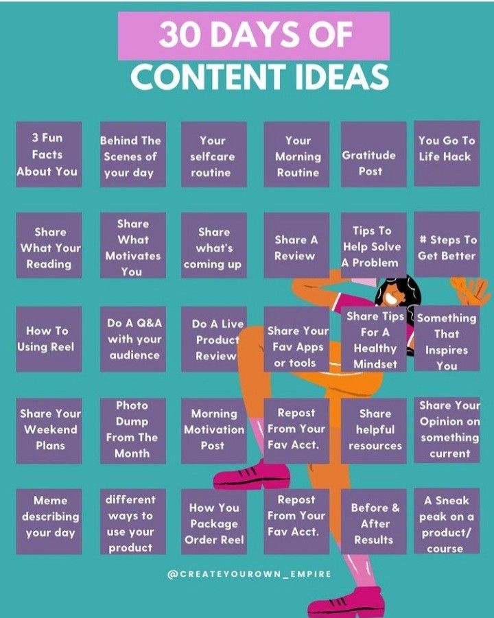 a poster with the words 30 days of content ideas on it and an image of a woman