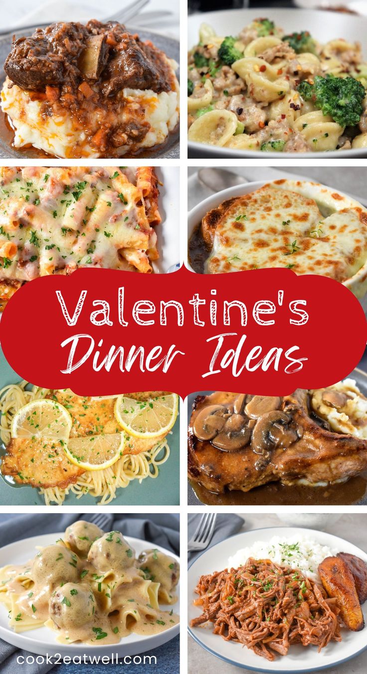 A collage of eight pictures of dishes featured in the article with a red graphic in the middle with the title written in white letters. Fun Family Valentines Dinner, Valentine Chicken Dinner, What To Make For Valentines Dinner, Red Meals For Valentines Day, Valentine’s Meal Ideas, Valentine’s Day Supper For Kids, Valentine’s Day Banquet Ideas, Valentine Meals For Two, Diy Valentines Dinner Ideas