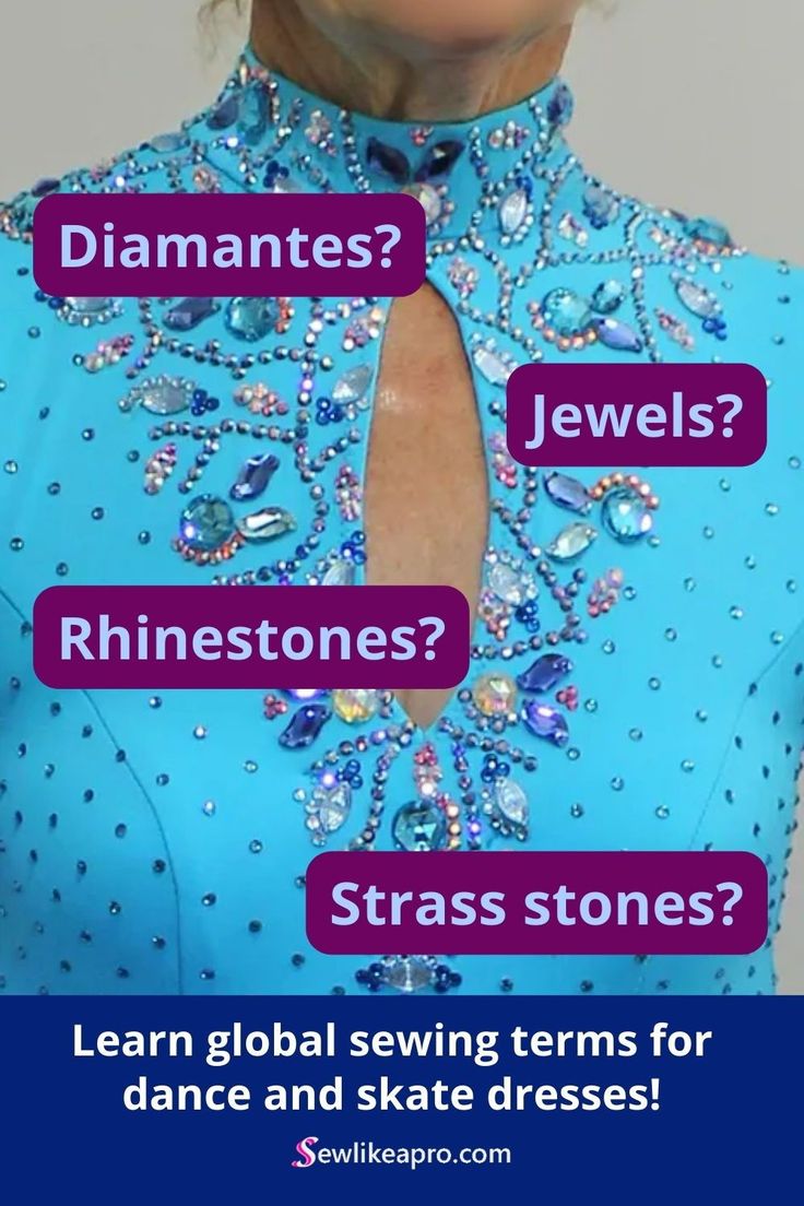 a woman wearing a blue dress with words above her head that say diamonds? rhinoestones? strass stones? learn global sewing patterns for dance and skate dresses