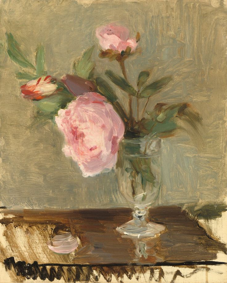 a painting of pink flowers in a glass vase