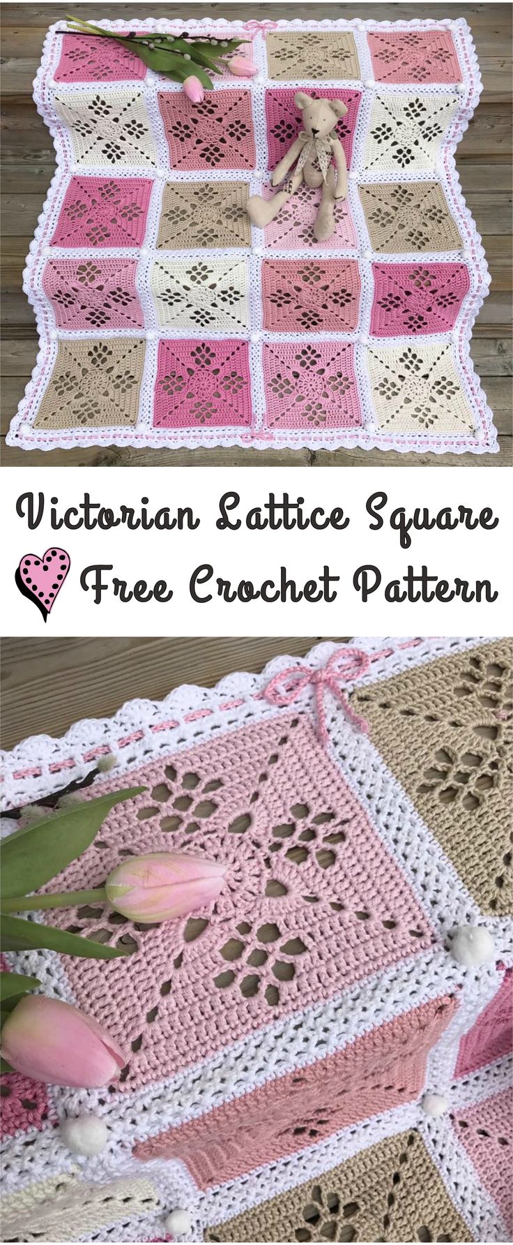 the crocheted table runner is made with pink and white yarn, which has hearts on it