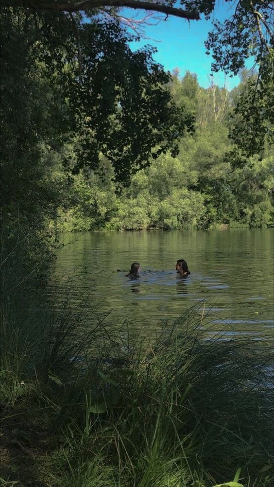 two people swimming in the water near some trees