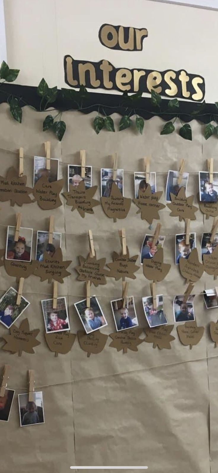 a bulletin board with pictures on clothes pins