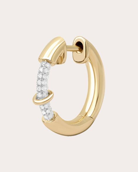 Crafted from solid 14-karat gold, this hoop earring interrupts its tubular design with pavé-set diamond embellishments and a single ring motif. From Rainbow K’s Endless Collection, modern and edgy pieces that transcend time. Sold as a single Hinge closure 14k yellow gold and white diamond Diamond carat: 0.17 ctw Diamond color: F Diamond clarity: VS Diamond cut: round Polish with soft cloth Made in Hong Kong If you would like to consult with a fine jewelry expert, please email us at jewelryconcie Two Diamonds Ring, Minimalist Hoop Earrings With Pave Setting, Timeless Pave Setting Huggie Jewelry, 14k Gold Hoop Jewelry With Diamond Accents, Modern Small Hoop Diamond Earrings, Timeless Huggie Jewelry With Pave Setting, Luxury Single Small Hoop Earring, Modern Hoop Jewelry With Pave Setting, Minimalist Hoop Jewelry With Pave Setting