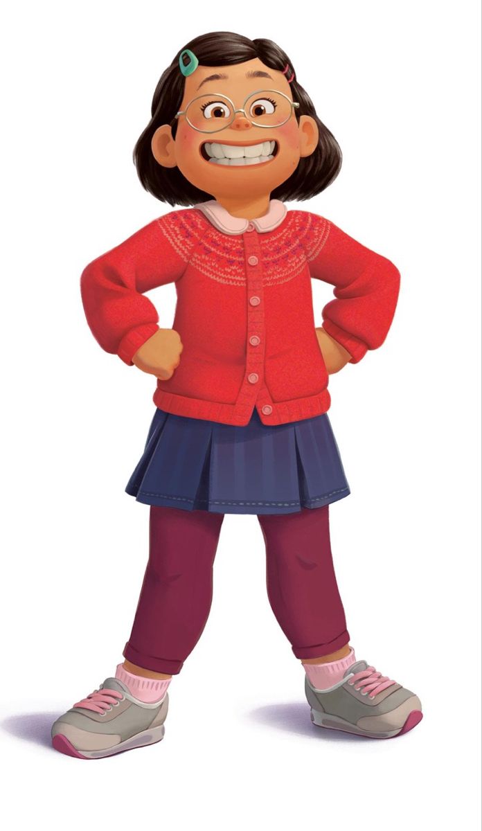 a cartoon girl standing with her hands on her hips and looking at the camera while wearing a red cardigan