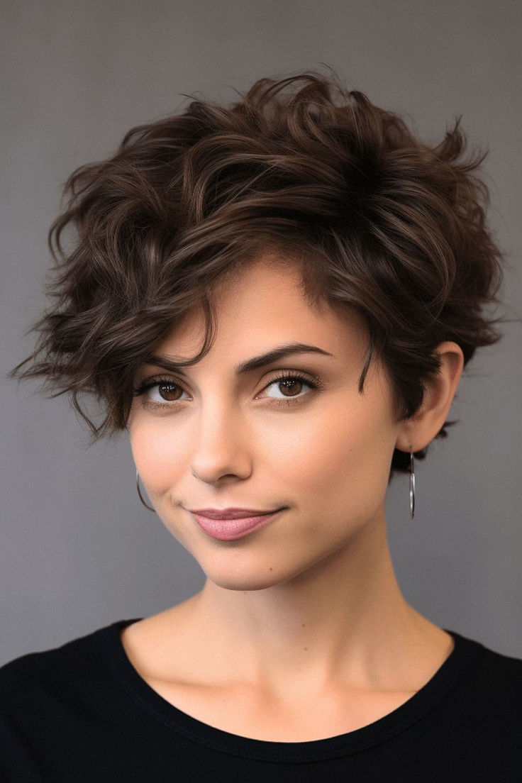 Pixie cut for women with wavy and thick hair Short Wavy Haircuts, Curly Pixie Hairstyles, Curly Pixie Haircuts, Thick Wavy Hair, Shorter Hair, Wavy Haircuts, Short Curly Haircuts, Natural Wavy Hair, Haircuts For Wavy Hair