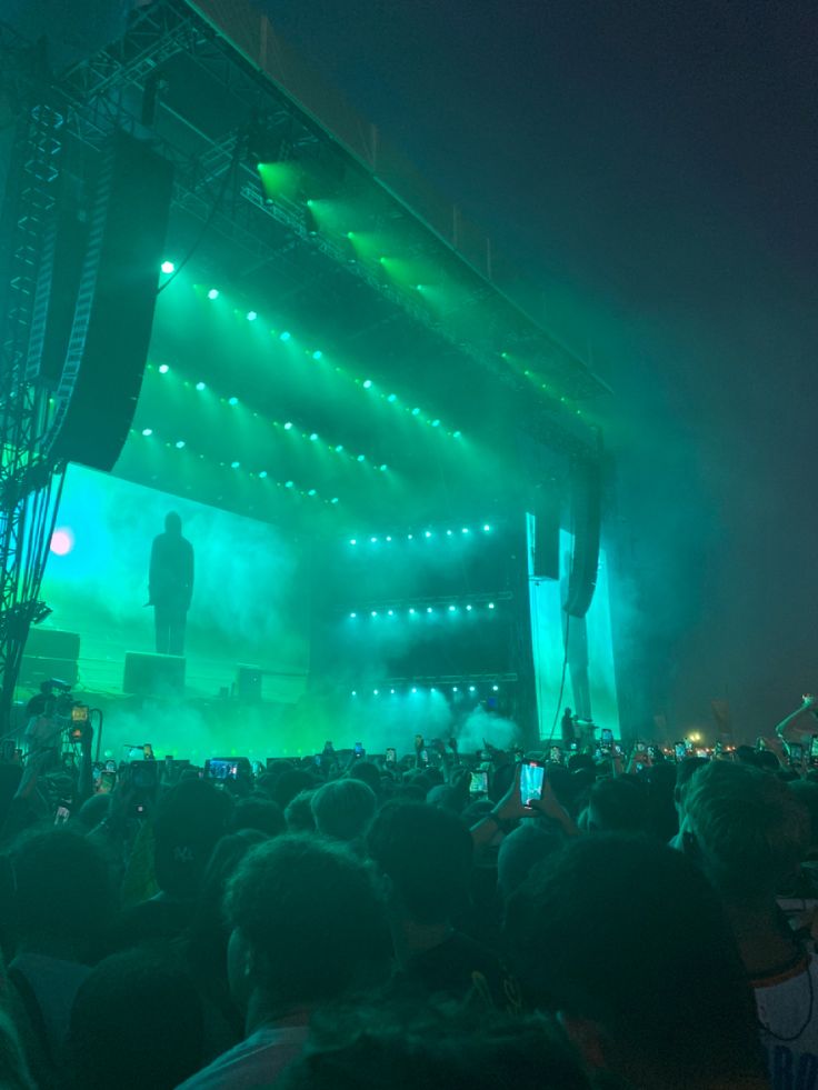 a large group of people standing on top of a stage under green lights at night