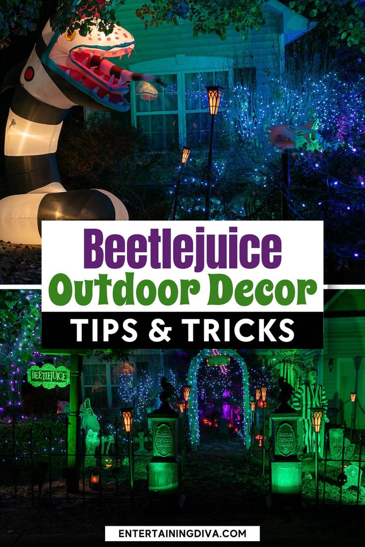 Beetlejuice Outdoor Decor Tips & Tricks | Halloween Beetlejuice Waiting Room Scene, Halloween Yard Theme Ideas, Beetlejuice Halloween Decorations, Beetlejuice Waiting Room, Spooky Halloween Yard, Beetlejuice Party, Outdoor Decor Ideas, Beetlejuice Movie, Beetlejuice Halloween