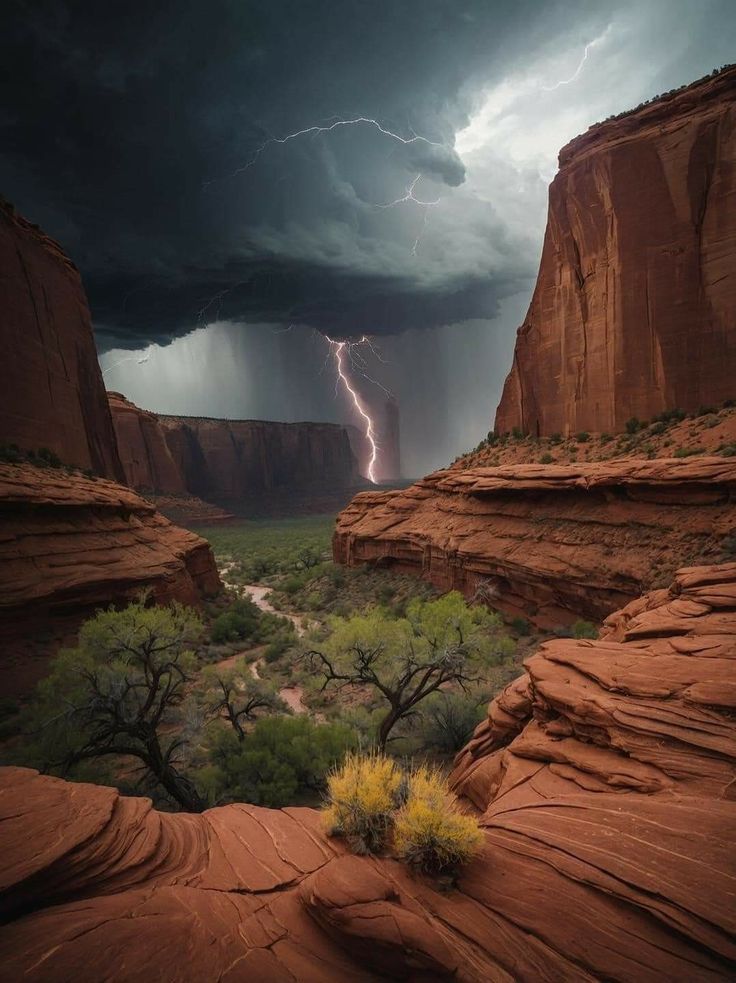 a lightning bolt in the sky over some rocks and trees on a cloudy day with dark clouds