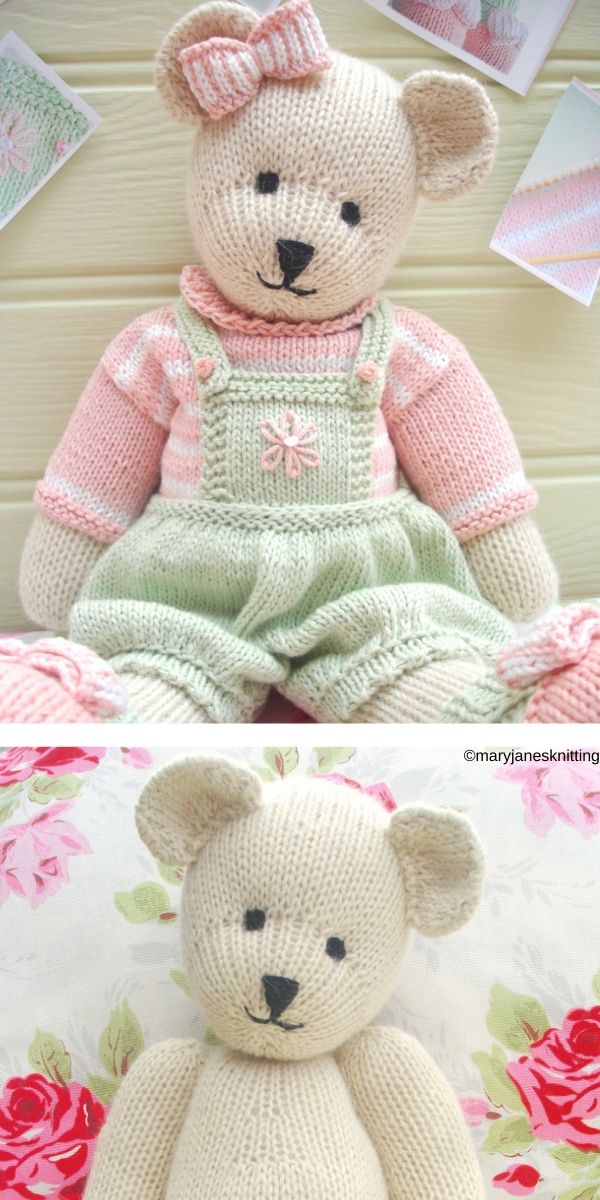 two pictures of a teddy bear with pink and green sweaters sitting on a bed