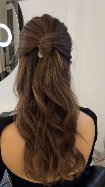 Half Up Half Down Hairstyle Bridesmaid, Brunette Half Up Half Down Hair, Slicked Half Up Half Down Ponytail, Business Half Up Half Down Hair, Blowout Half Up Half Down Hairstyles, Ball Hairstyles Half Up Half Down, Blowout Curls Half Up Half Down, Bouncy Curls Half Up Half Down, Half Ponytail Wedding Hair