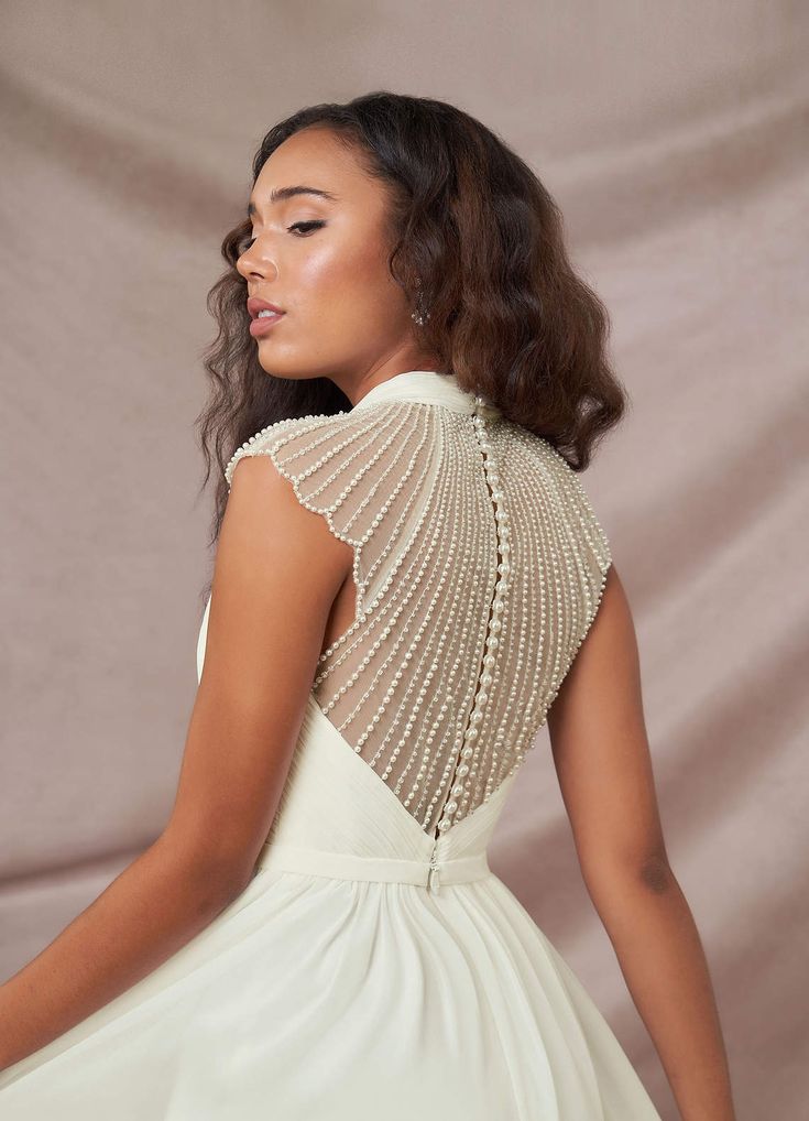 Azazie Cersei Cream A-Line Pleated Chiffon Dress | Azazie Boho Vintage Wedding Dress, Boho Vintage Wedding, Wedding Dress Beaded, Chapel Train Wedding Dress, Boda Mexicana, Vintage Wedding Dress, Wedding Dresses Beaded, Beaded Wedding, Chapel Train