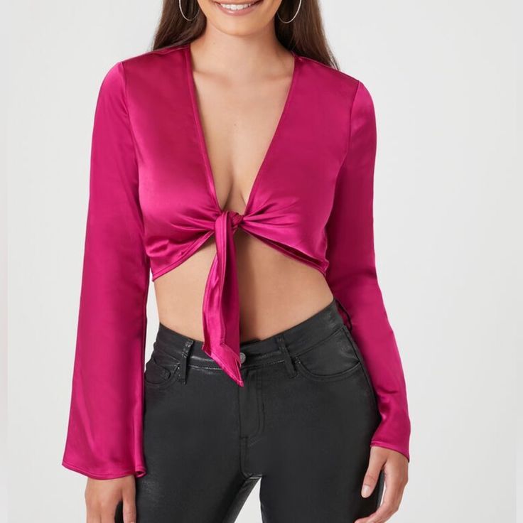 A Woven Top Featuring A Plunging Neckline, Long Bell Sleeves, Self-Tie Front Closure, And Cropped Hem. Content + Care - 100% Polyester - Hand Wash Cold Size + Fit - Model Is 5'8" And Wearing A Small Forever 21 V-neck Blouse For Night Out, Summer V-neck Blouse For Going Out, Glamorous V-neck Crop Top For Spring, Fall Tie Neck Top For Night Out, Forever 21 V-neck Blouse For Date Night, Spring Night Out Tops With Tie Neck, Spring Night Out Top With Tie Neck, Summer Party Tops With Tie Neck, Spring Tie Neck Top For Night Out