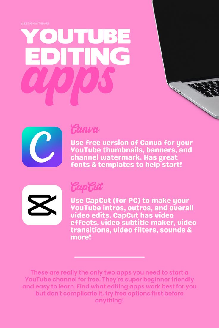 a pink poster with an image of a laptop and text that says youtube editing apps