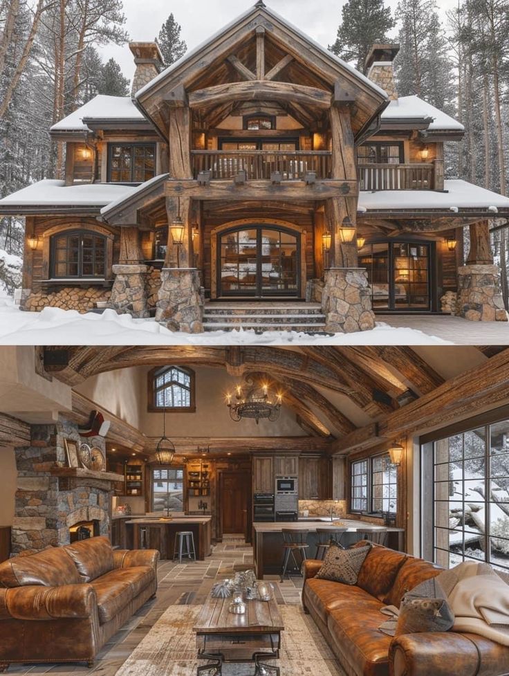 two pictures of a log home in the snow