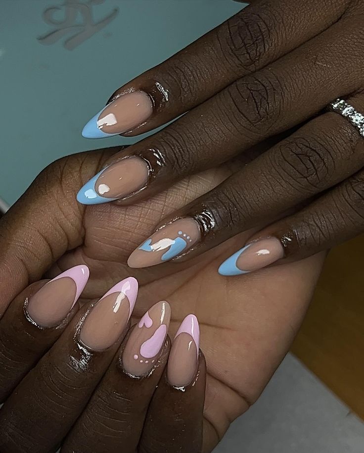 🥹🩷🩵 #nails #baby #nailsnailsnails Gender Reveal Nails Almond, Nails For Maternity Pictures, Short Gender Reveal Nails, Baby Shower Nails Ideas, Blue Baby Shower Nails, December Gender Reveal, Nails Gender Reveal, Baby Shower Nail Art, Baby Shower Nails Boy