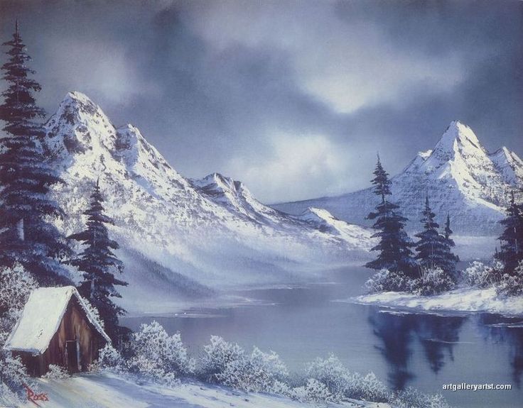 a painting of snow covered mountains and a cabin in the foreground with water below